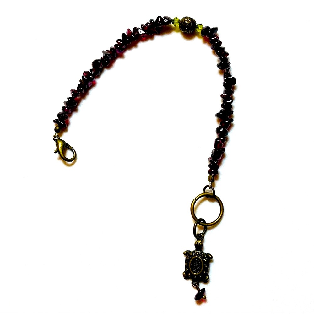 Handmade Garnet and Green Turtle Charm Bracelet